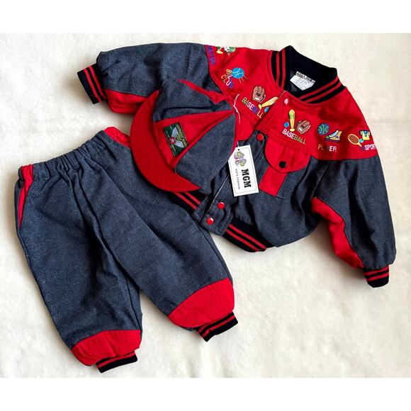 Vintage 90s MGM Kids Fashion Cap Jacket Pants Set 12M Red Gray Baseball Sports - Picture 1 of 10